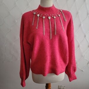 Calligraphie Mock Neck Sweater • Pink Heather • Jeweled Accents • Size X-Large